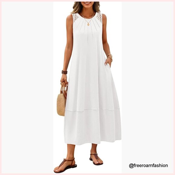 Dresses & Skirts - Summer Boho Maxi Dress Sleeveless Pleated Lace Hollow Out Beach Vacation